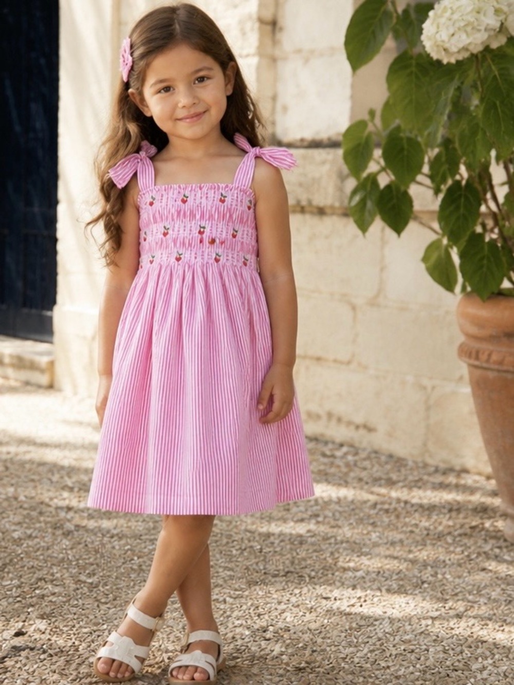 JANIE and JACK Smocked Seersucker Dress Cherry Embroidery Summer Cotton Vacation